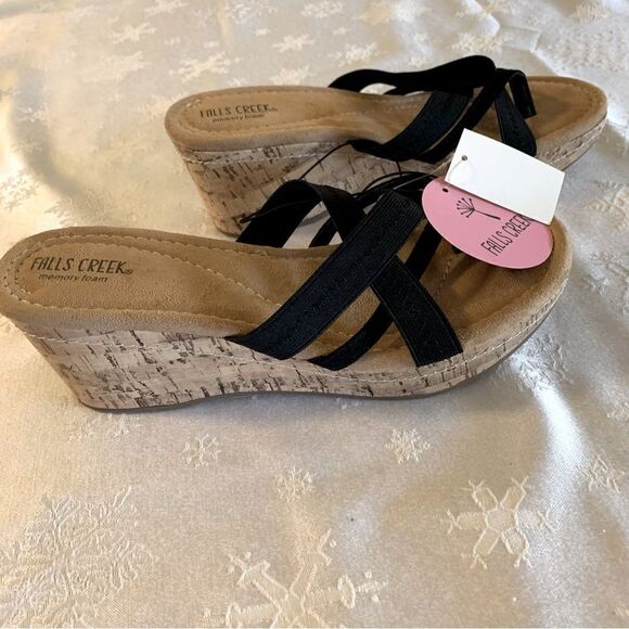 Falls Creek Cork Black Wedge Sandals Black Delia Memory Foam Sz 9 NWT Gorgeous - Picture 3 of 5
